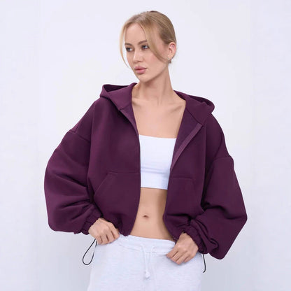 Damen Cropped Kapuzenjacke Voluminöse Ärmel Praktische Taschen