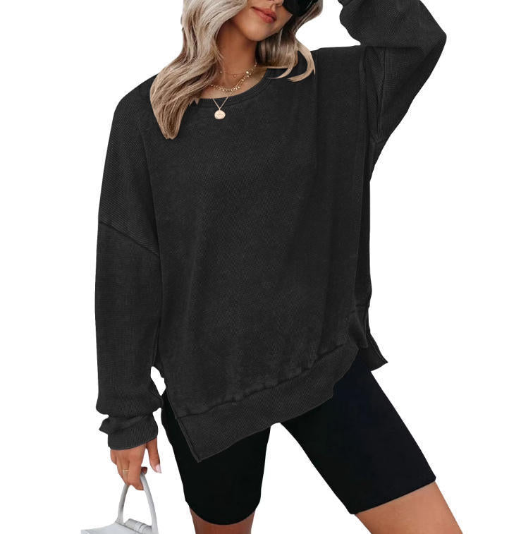 Damen Waffelpullover Mit Seitenschlitzen Norvielle