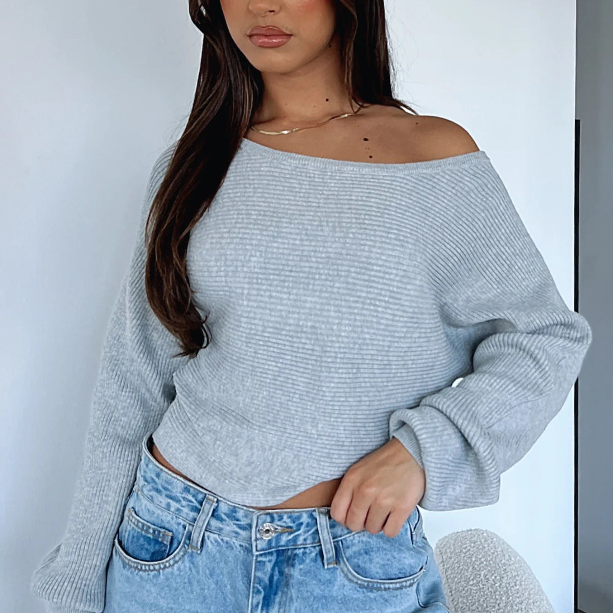 Damen Crop-Pullover Asymmetrischer Ausschnitt Rippstruktur Norvielle - Norvielle