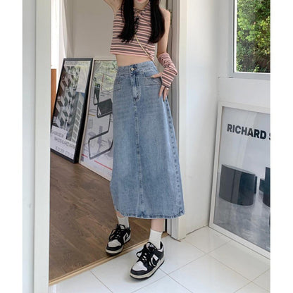 Damen Midi-Rock Denim Mit Schlitzen