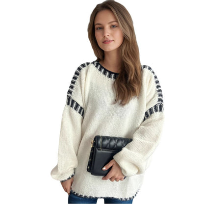 Damen Grobstrickpullover Lässiger Schnitt Gestreifte Ärmel Norvielle