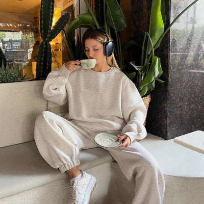 Damen Sweat-Shirt Jogginghose Set Baumwolle Beige