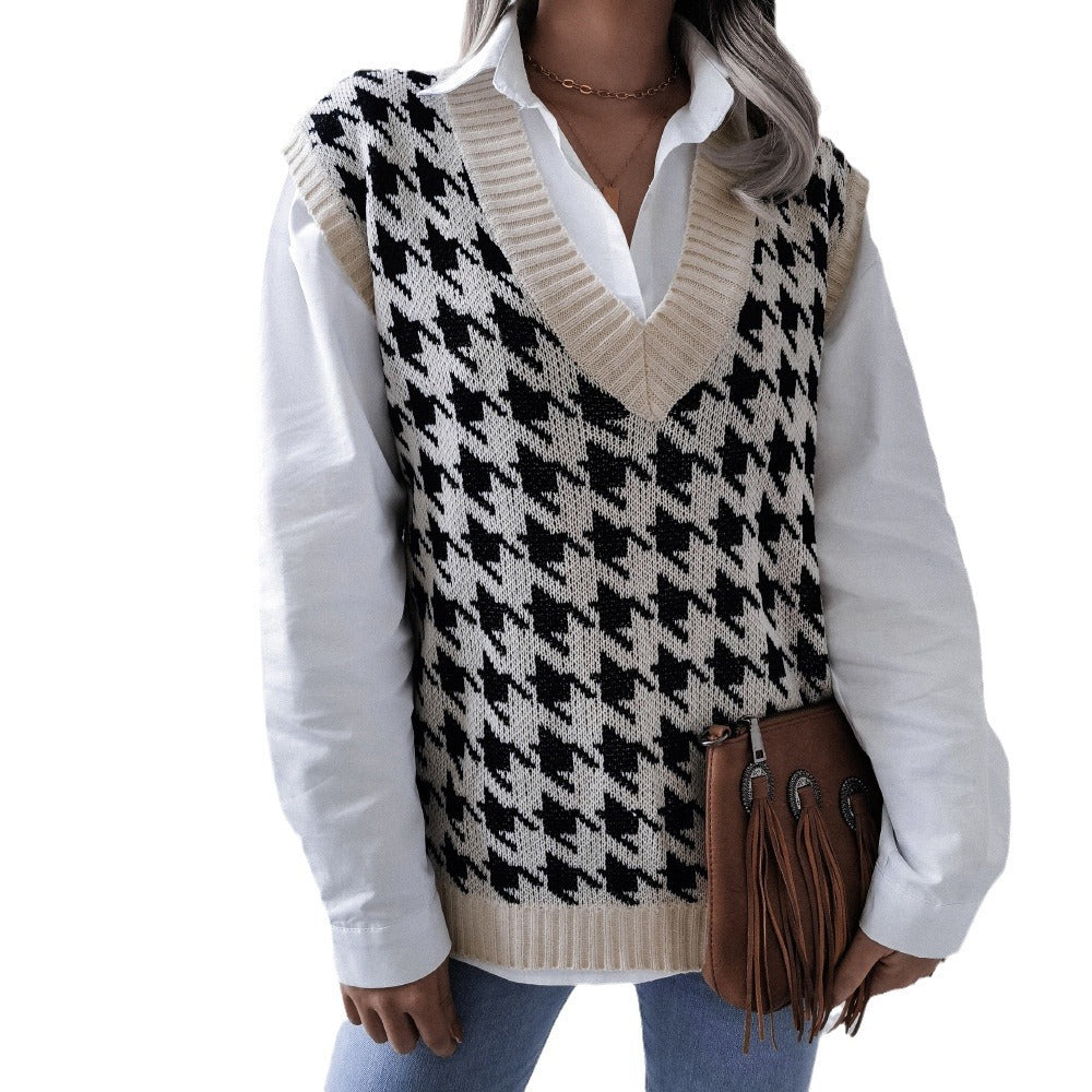 Damen Rippstrick-Weste V-Ausschnitt Hahnentritt-Design