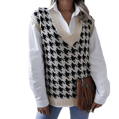 Damen Rippstrick-Weste V-Ausschnitt Hahnentritt-Design