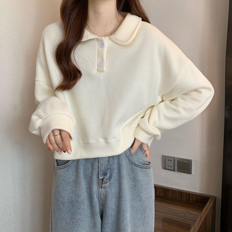 Damen Sweatshirt Kurzarm mit Kragen und Knöpfen Norvielle