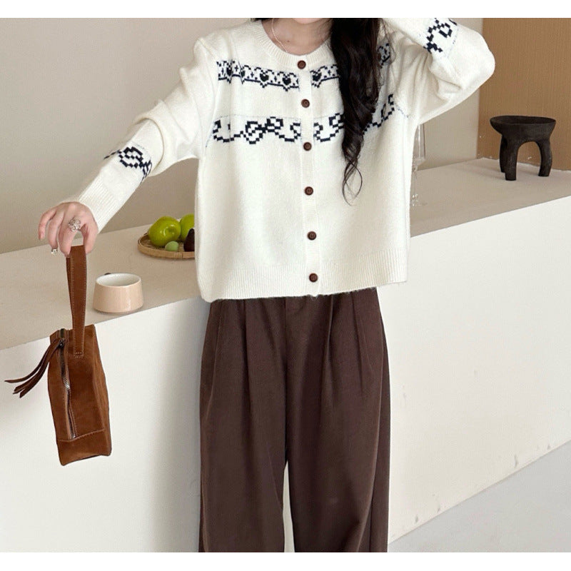 Damen Strickcardigan Traditionelle Muster Holzknöpfe Beige