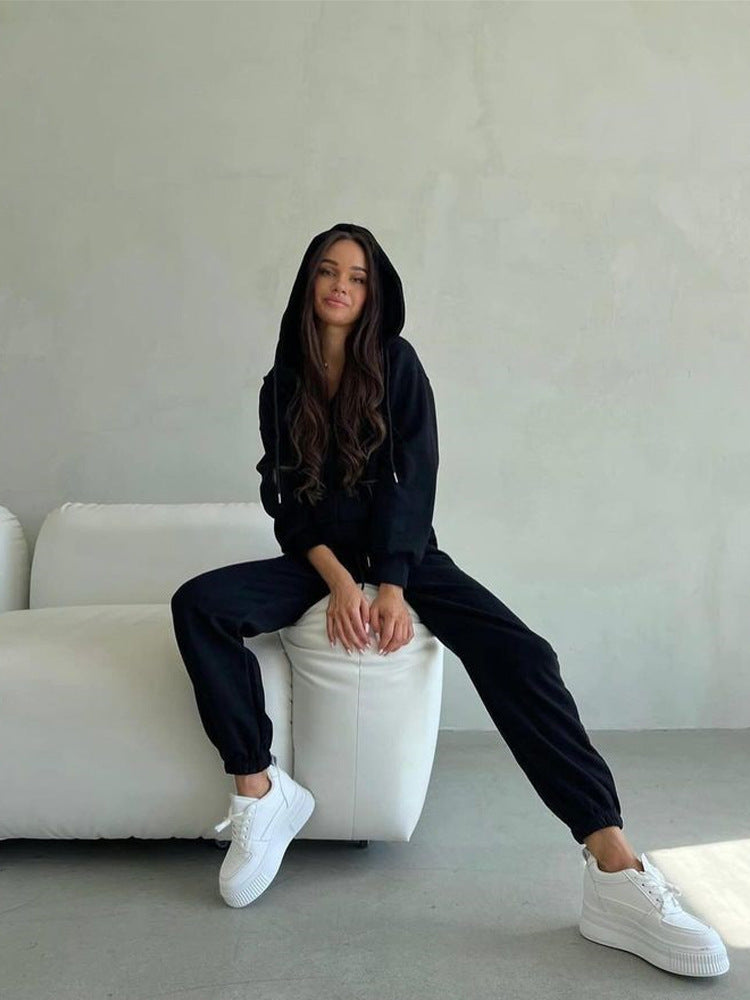 Damen Fleece-Jogginganzug Reißverschluss Kapuze Norvielle