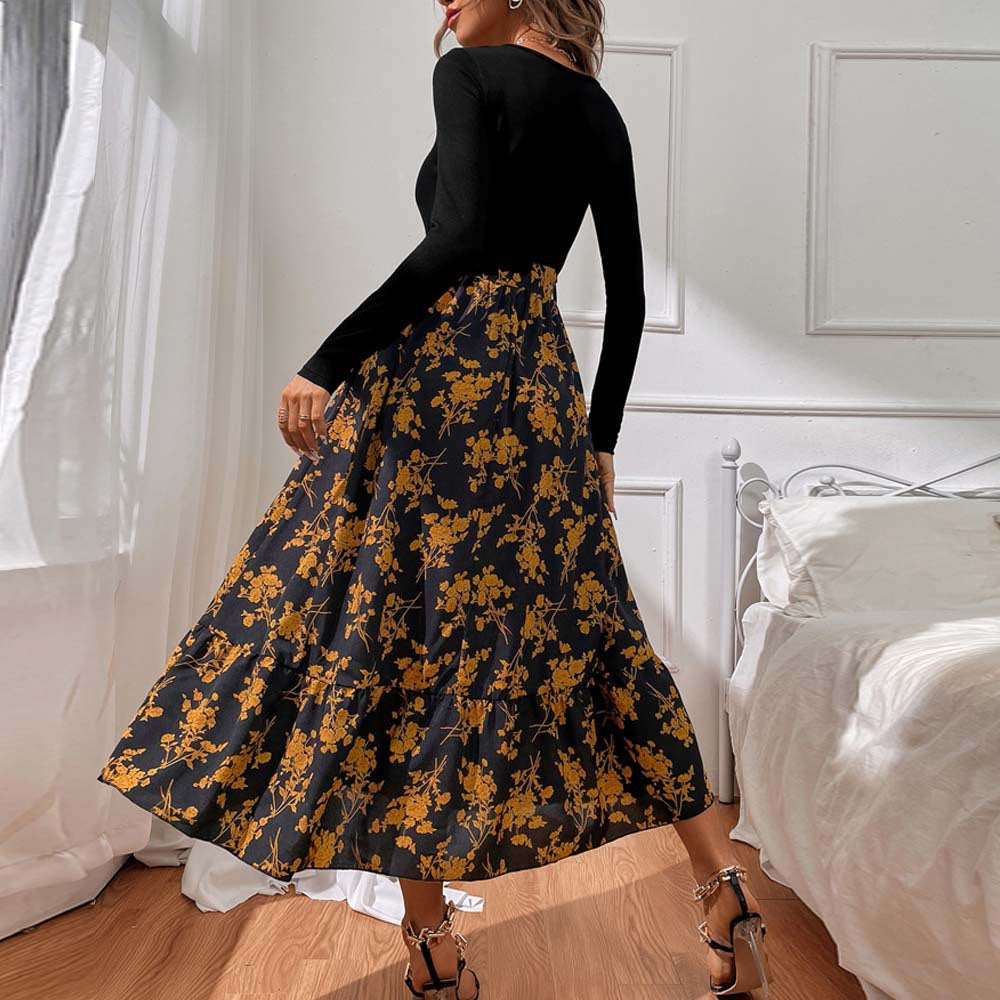 Damen Maxikleid mit tiefem V-Ausschnitt und floralem Rock