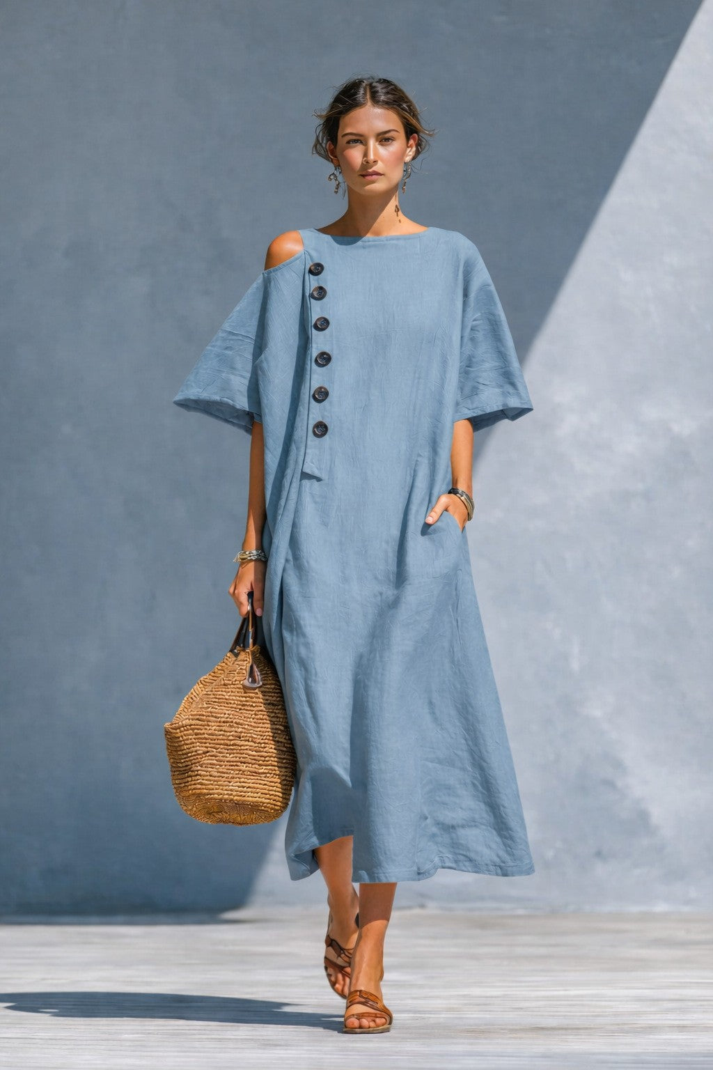 Damen Oversize Langarmkleid Asymmetrischer Ausschnitt Knöpfe