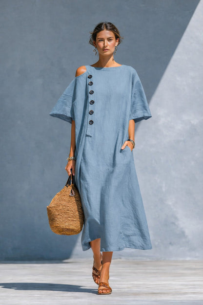 Damen Oversize Langarmkleid Asymmetrischer Ausschnitt Knöpfe