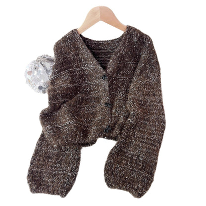 Damen Strickjacke Luftig Ballonärmel Knöpfe Beige