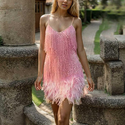 Damen Minikleid V-Ausschnitt Fransen