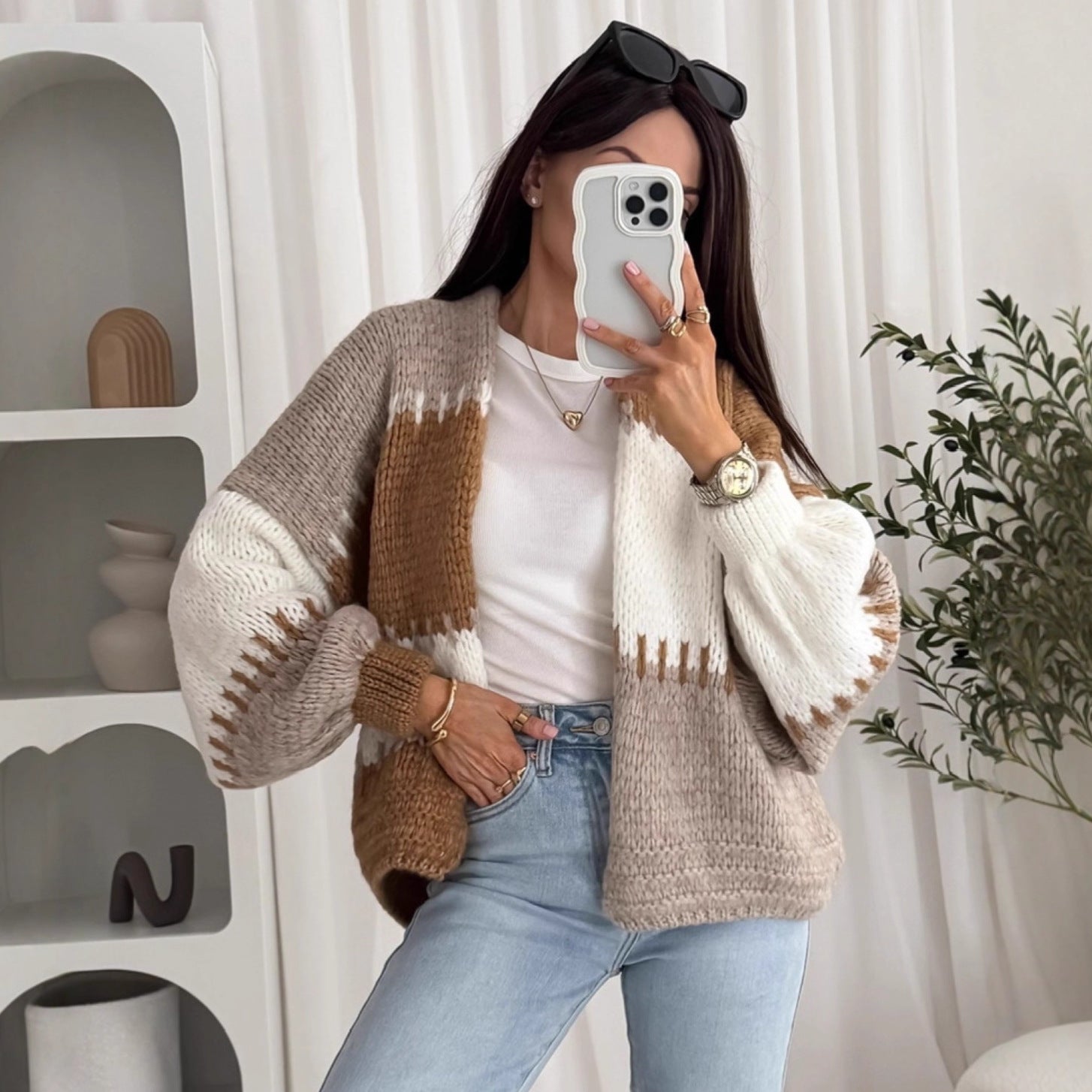 Damen Strickjacke Voluminöse Ärmel Geometrisches Muster Norvielle - Norvielle
