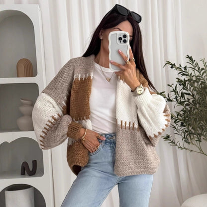 Damen Strickjacke Voluminöse Ärmel Geometrisches Muster Norvielle - Norvielle