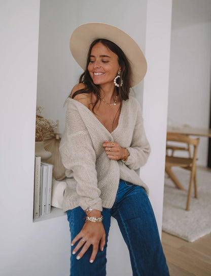 Damen Oversized-Pullover Weich V-Ausschnitt Beige