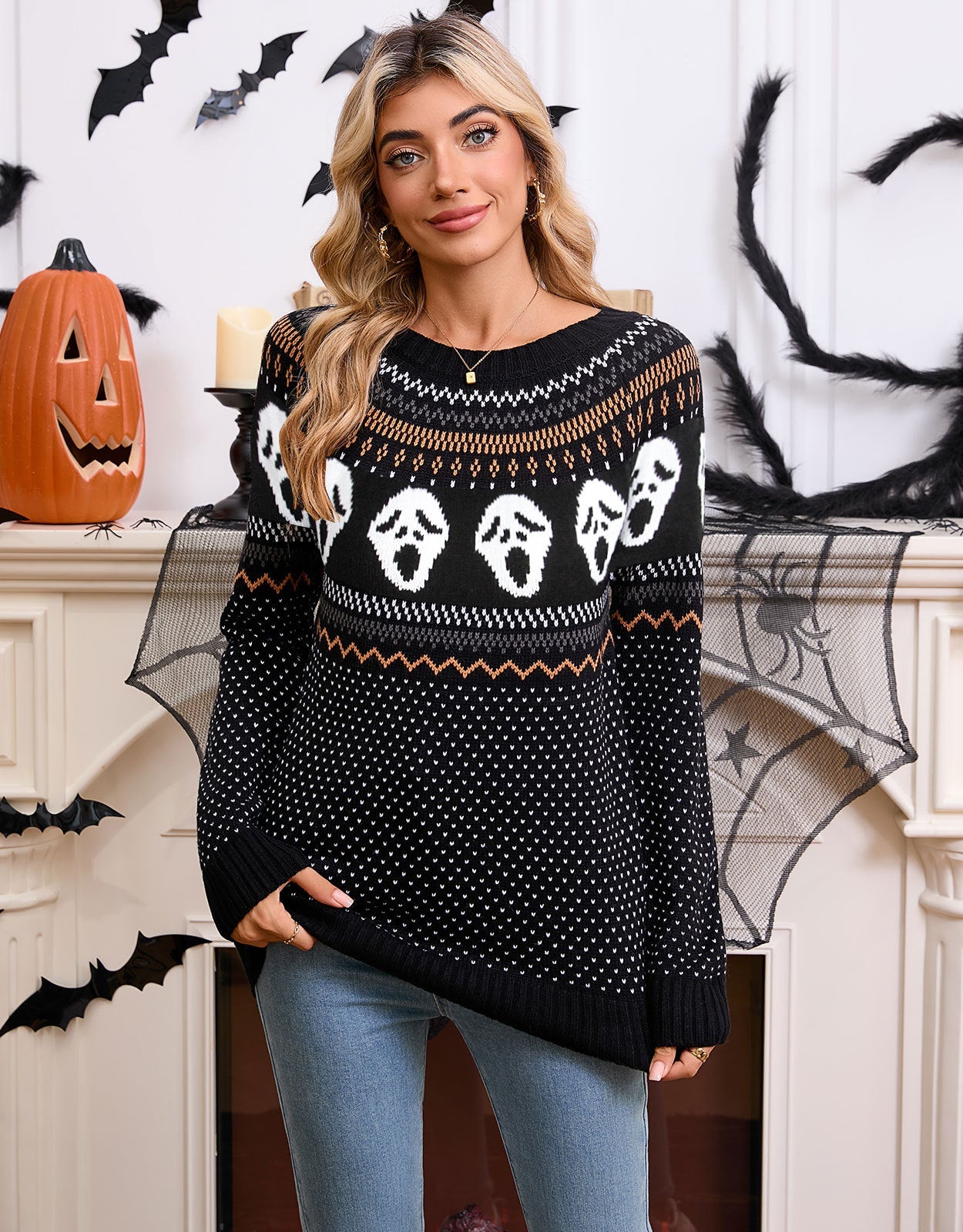 Damen Strickpullover Gemustert Halloween-Motiv Norvielle