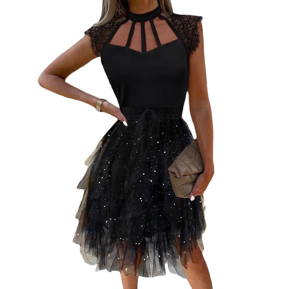 Damen Cocktailkleid Spitzenrand Glitzernder Tüll