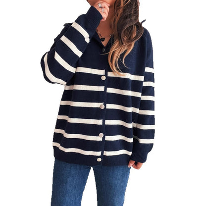Damen Strickcardigan Gestreift Kapuze Knöpfe Beige
