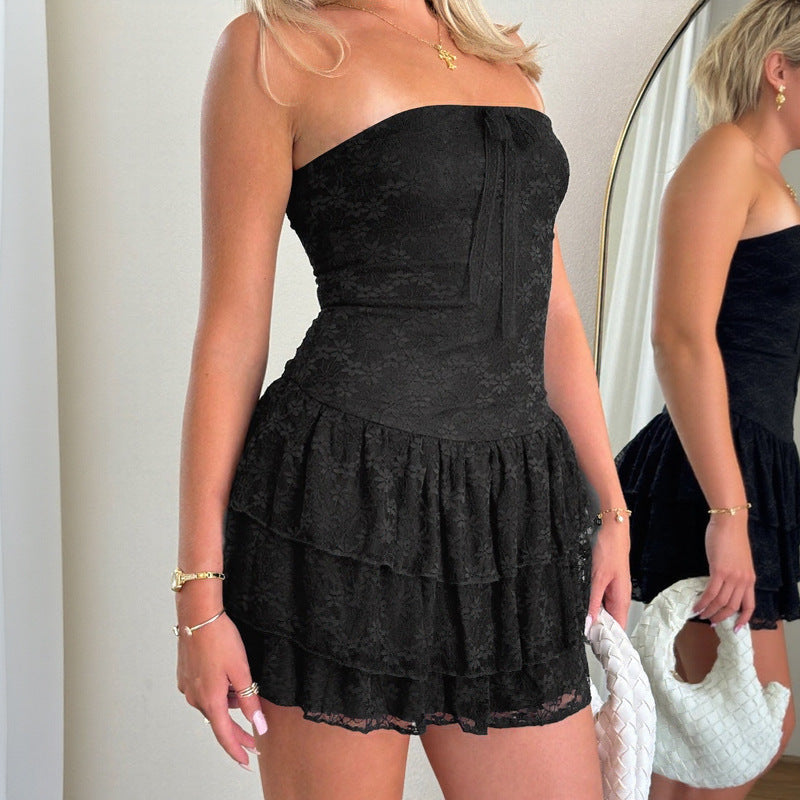 Damen Minikleid Spitzenapplikationen Fließender Rock Norvielle