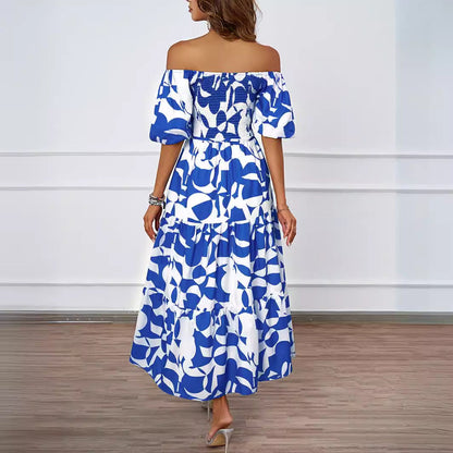 Damen Off-Shoulder Maxikleid Voluminöse Ärmel Print Norvielle
