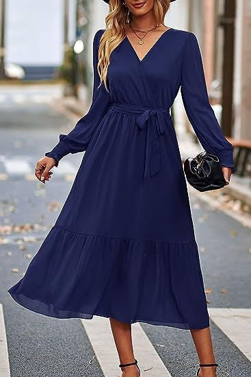 Damen Midi-Kleid V-Ausschnitt Bindegürtel Elegantes Kleid