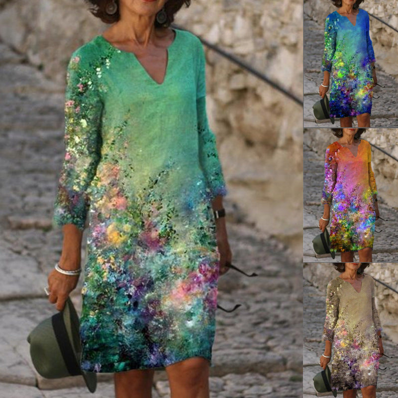 Damen Sommerkleid V-Ausschnitt Bunt Grafikdesign - Norvielle