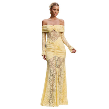 Damen Maxikleid Spitze Rüschendetails Schulterfrei