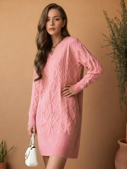 Damen Strickkleid V-Ausschnitt Strukturiert