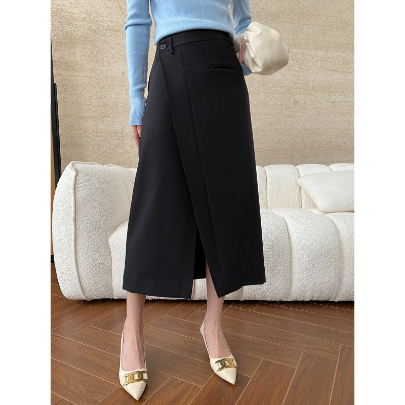 Damen Midirock Überlappendes Design Knopfdetails Schwarz - Norvielle