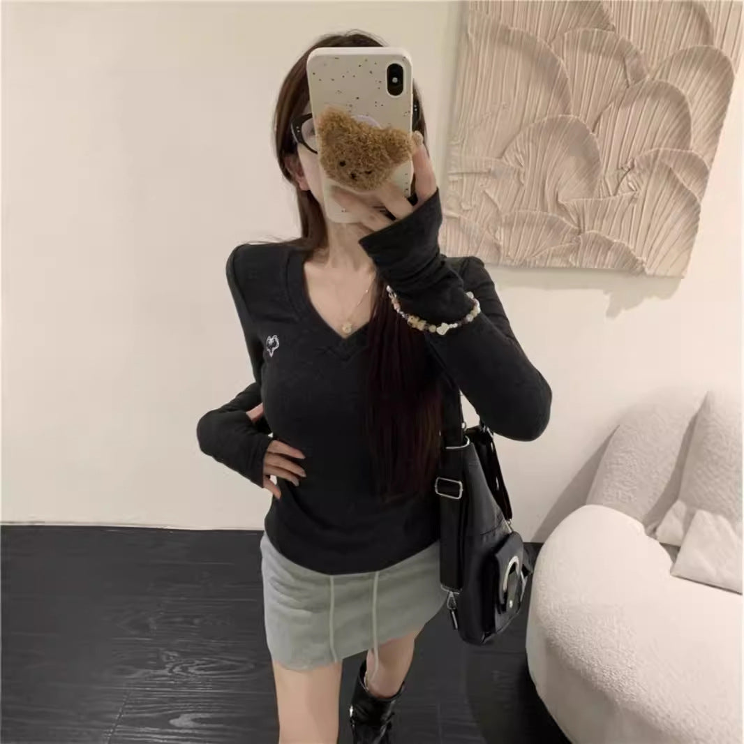 Damen Langarmshirt V-Ausschnitt Rippstruktur Elegant