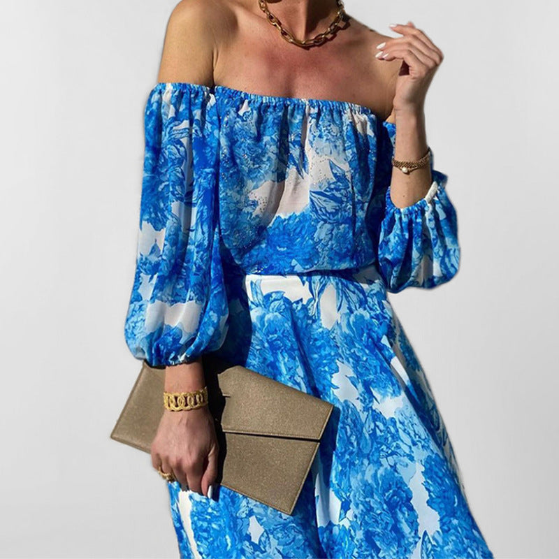 Damen Maxikleid Off-Shoulder Floralmuster Weiter Rock
