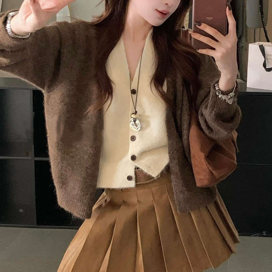 Damen Strickjacke Weiches Material V-Ausschnitt Beige