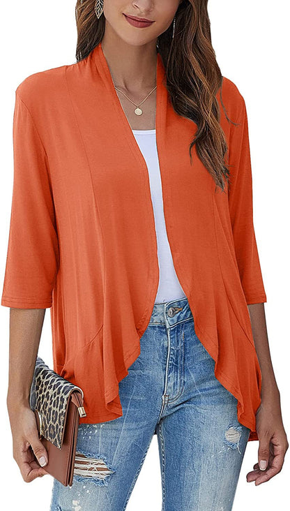 Norvielle Damen Strickjacke Einfarbig 3/4 Ärmel Rüschenrand