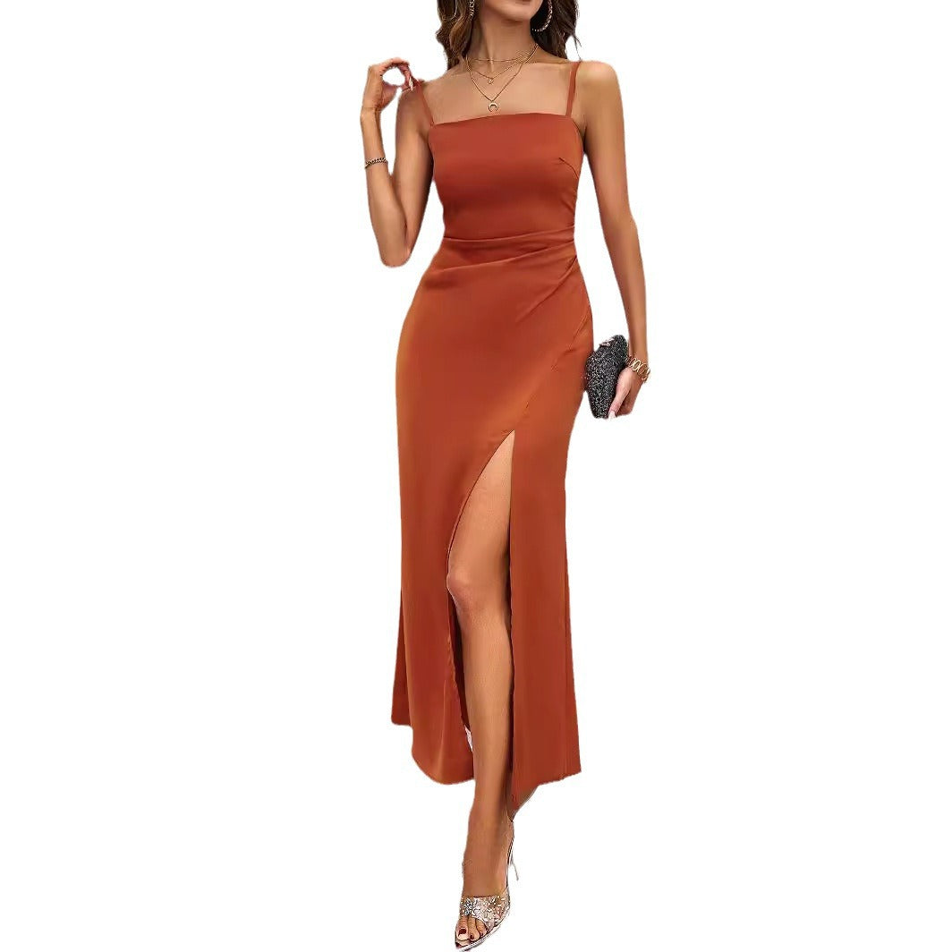 Damen Satin Maxikleid mit hohem Beinschlitz und Spaghettiträgern