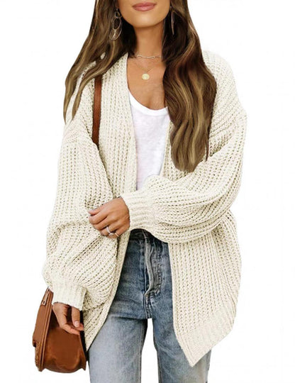 Damen Strickjacke Oversized Luftig V-Ausschnitt Beige