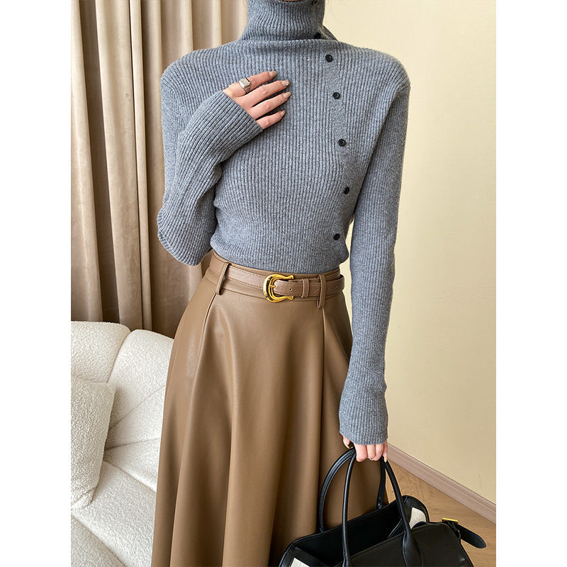 Damen Strickpullover Hoher Kragen Dekorative Knöpfe Beige