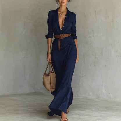 Damen Maxikleid Klassischer Hemdkragen Seiten-Schärpe Norvielle