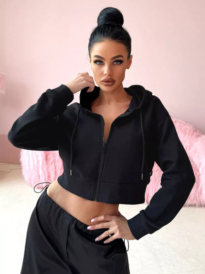 Damen Cropped Kapuzenjacke Reißverschluss Seitentaschen Norvielle