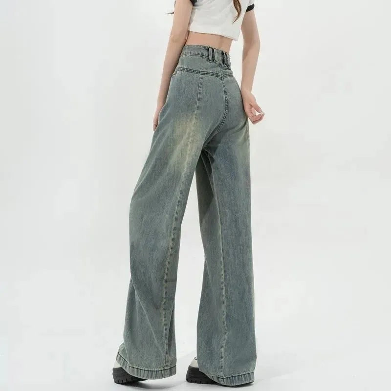 Damen Hochtaillierte Weite Jeans mit Falten
