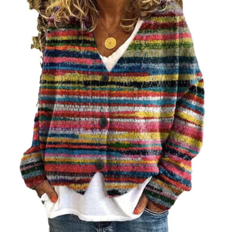 Damen Strickcardigan Bunt Streifen Knöpfe