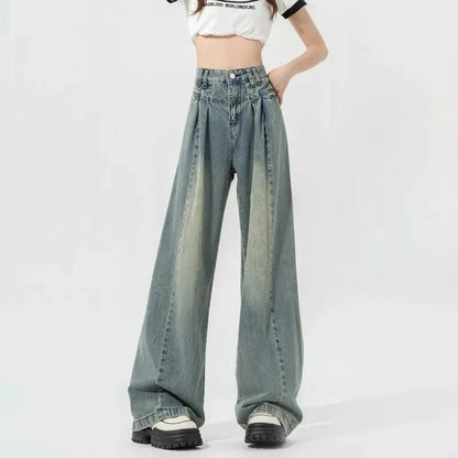 Damen Hochtaillierte Weite Jeans mit Falten