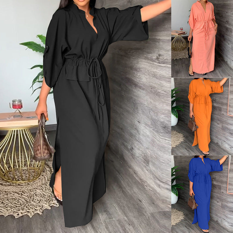 Damen Maxikleid mit Gürtel Weite Ärmel Norvielle