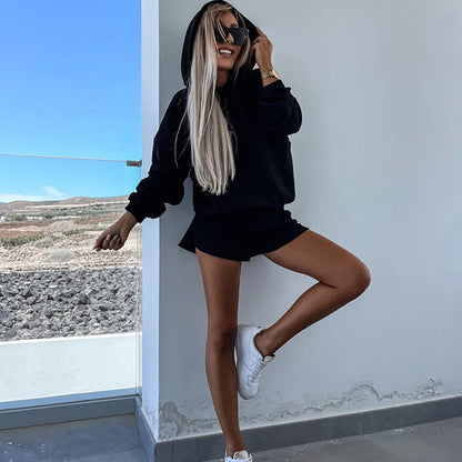 Damen Hoodie und Shorts Minimalistisch Beige