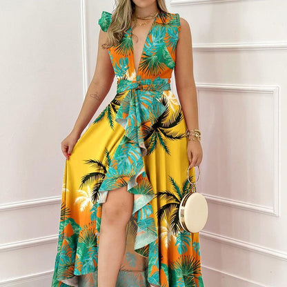 Damen Maxi-Kleid V-Ausschnitt Asymmetrischer Rock - Norvielle
