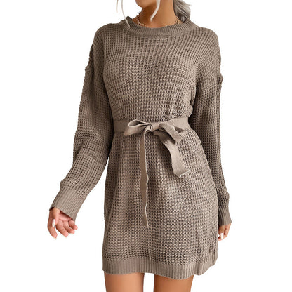 Damen Strickkleid Lässig Bindegürtel Norvielle