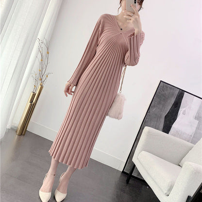 Damen Strickkleid Plissiert V-Ausschnitt Elegantes Design