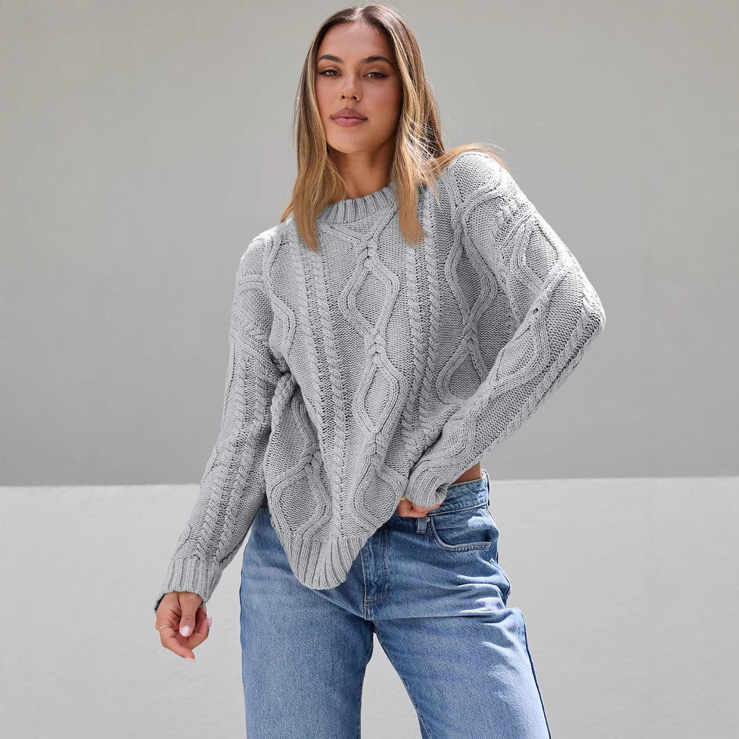 Damen Pullover Grobgestrickt Zopfmuster Norvielle