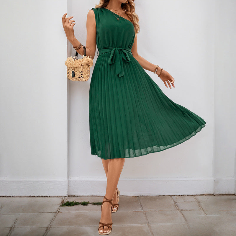 Damen Midi-Kleid Plissee Taillengürtel Elegant