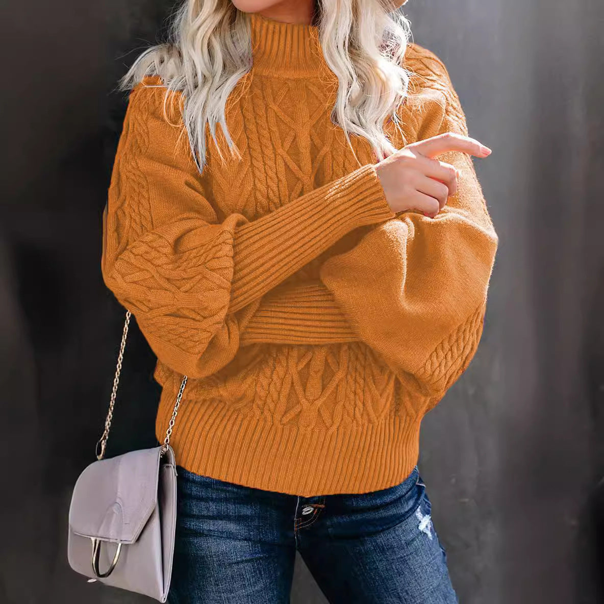 Damen Strickpullover Stehkragen Zopfmuster
