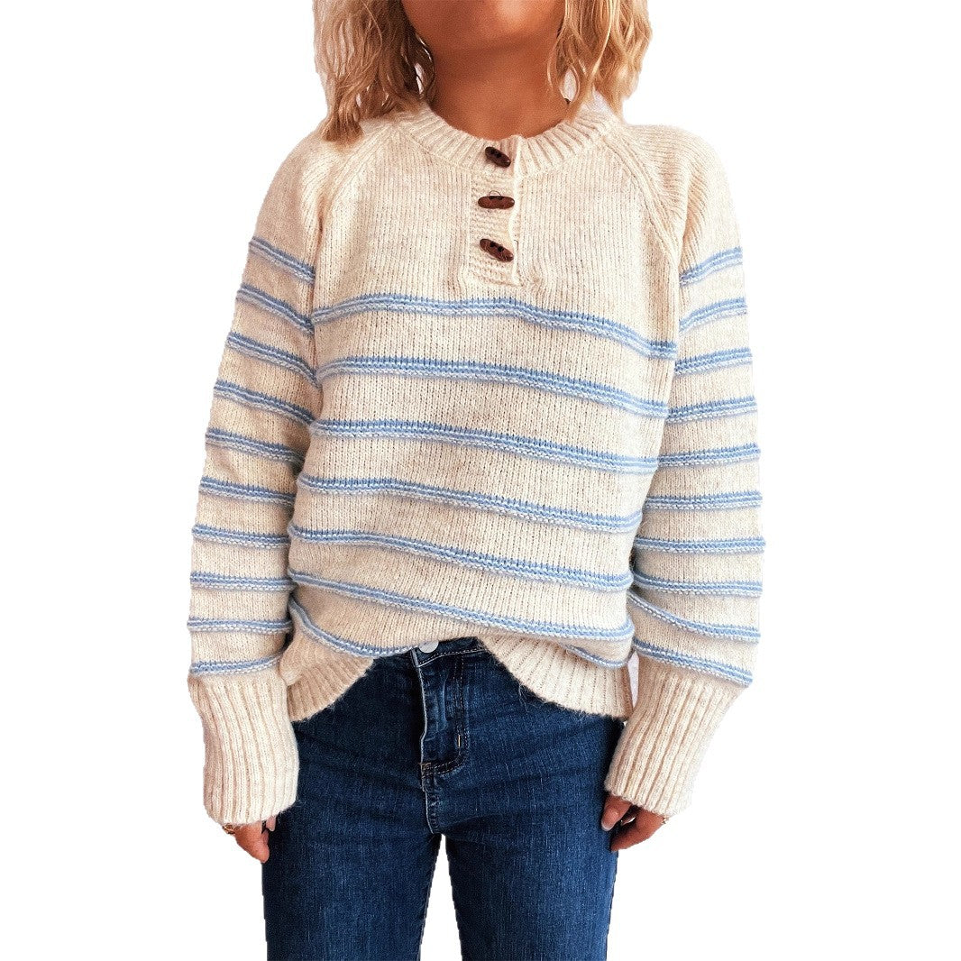 Damen Strickpullover Gemustert Knopfdetails Weiter Hals